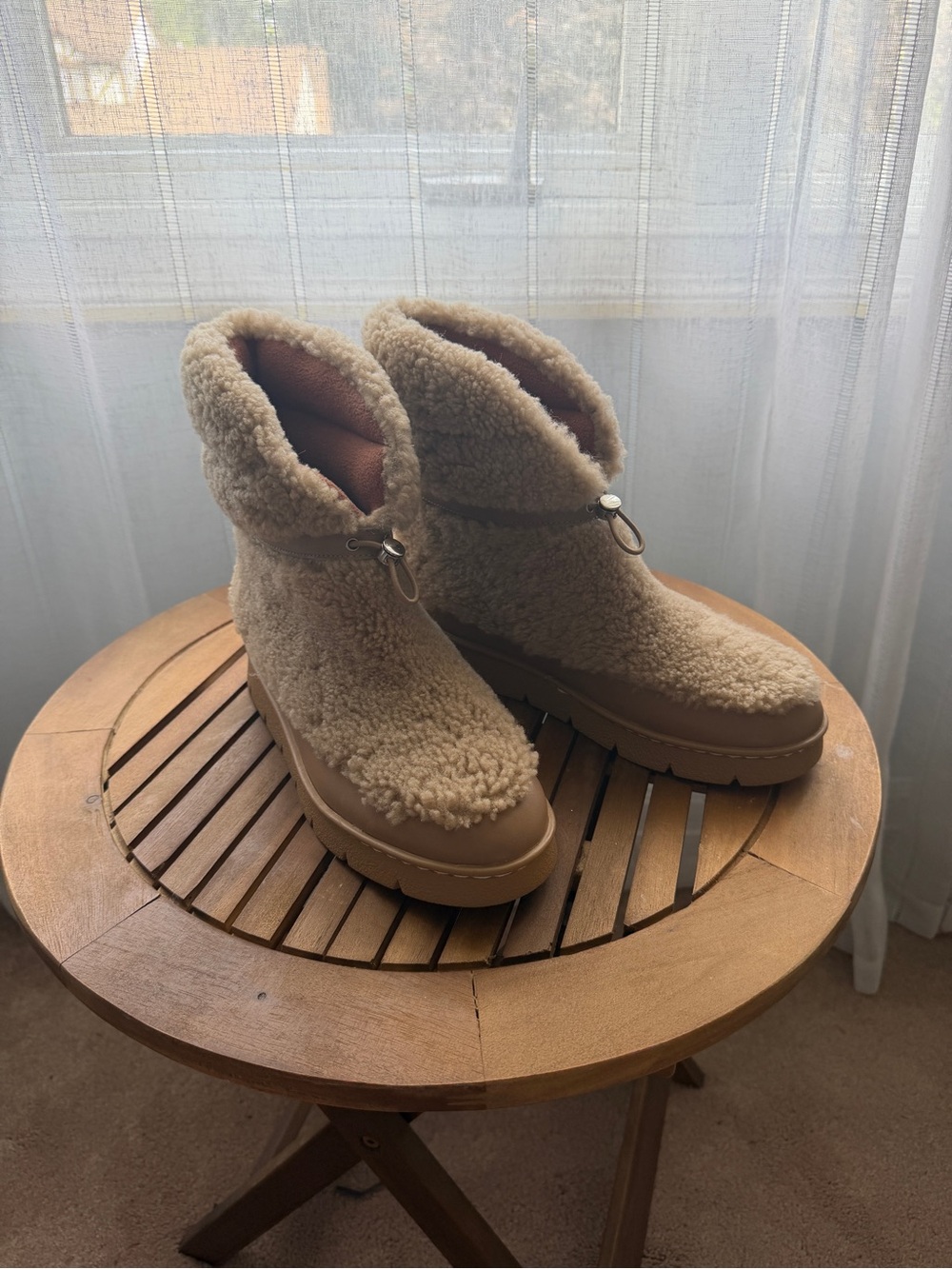 Marc Fisher Kamryn Shearling Boot Taupe Sherpa Ankle Boots with Toggle